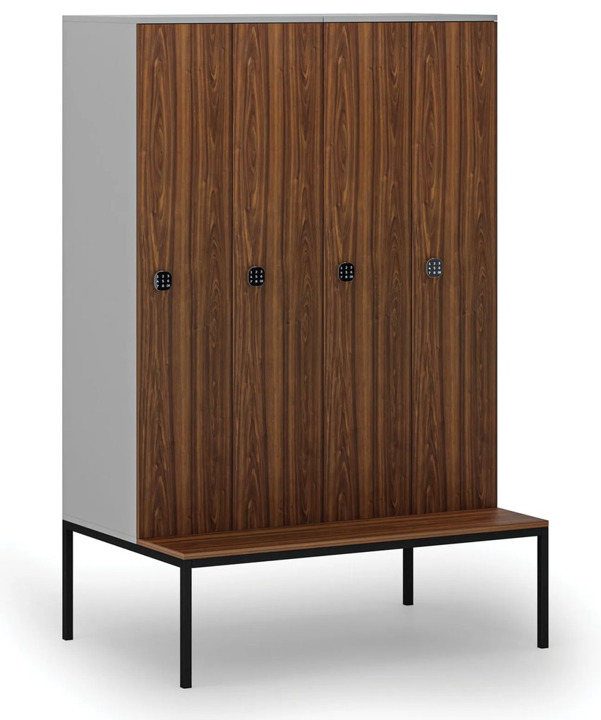 Drevená šatníková skrinka S4 s lavičkou, 4 oddiely, 1871 x 1200 x 500/800 mm, demont, kódový zámok, sivá/orech