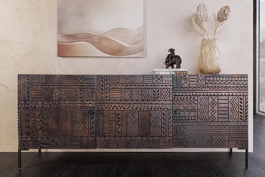 Komoda TRIBAL 180cm 3D antický vzhľad mangové drevo tmavohnedá