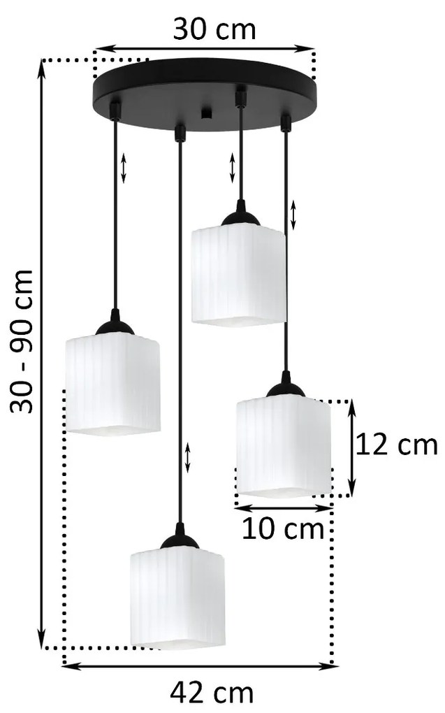 Závesné svietidlo Riffle Square, 4x biele sklenené tienidlo, b, o