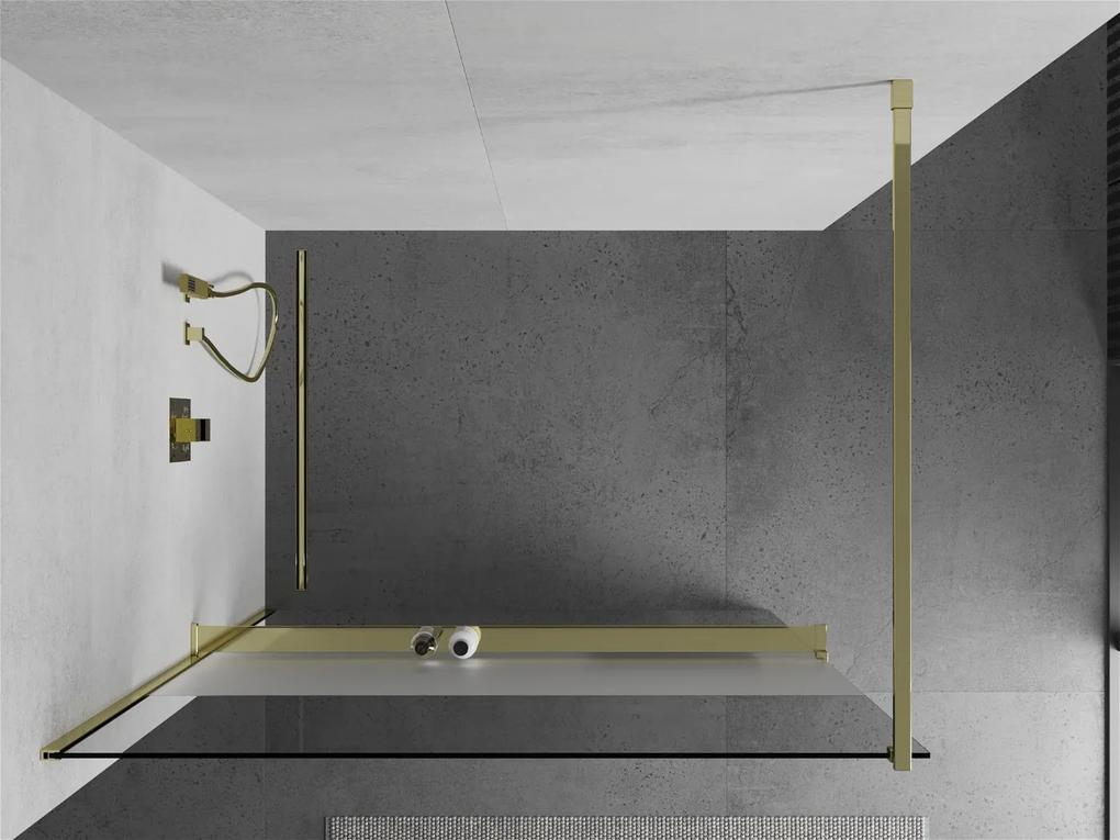 Mexen Kioto+, sprchová zástena s poličkou a držiakom na uteráky 70 x 200 cm, 8mm číre sklo vzor námraza, zlatý profil, 800-070-121-50-35