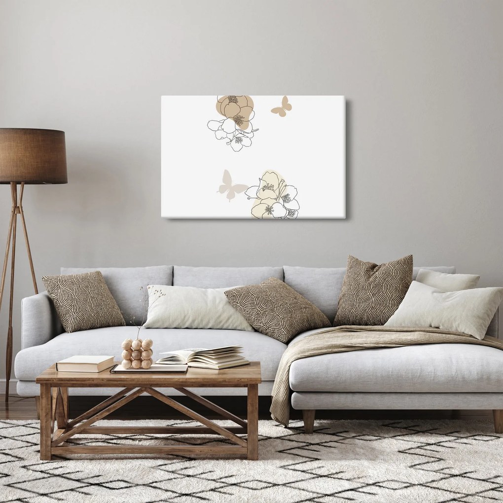 Obraz - Béžové kvety s motýľom N⁰2 (90x60 cm)
