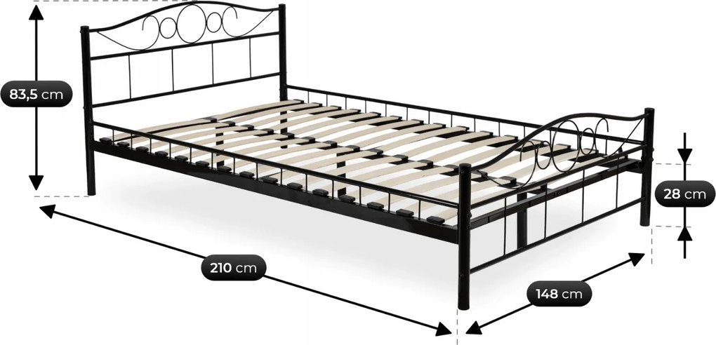 Vintino Kovová posteľ 140x200 PRISCILA– čierna so stelažom