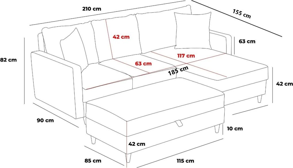 Rohová sedací souprava Eva 210 cm s taburetem šedá levá