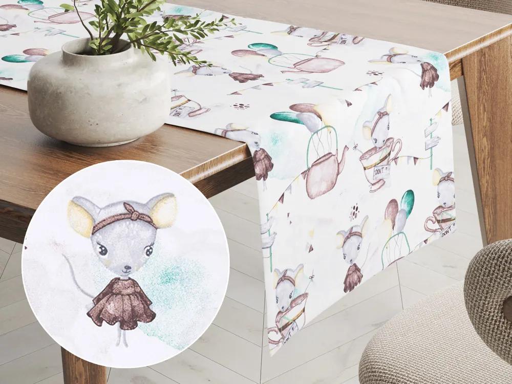 Biante Detský bavlnený behúň na stôl Sandra SA-372 Myšky a konvičky na bielom 20x160 cm