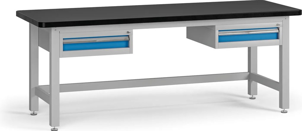 Pracovný stôl do dielne G4 s 2 závesnými boxami na náradie, MDF + PVC doska, 2 zásuvky, 2100 x 750 x 800 mm, modrá