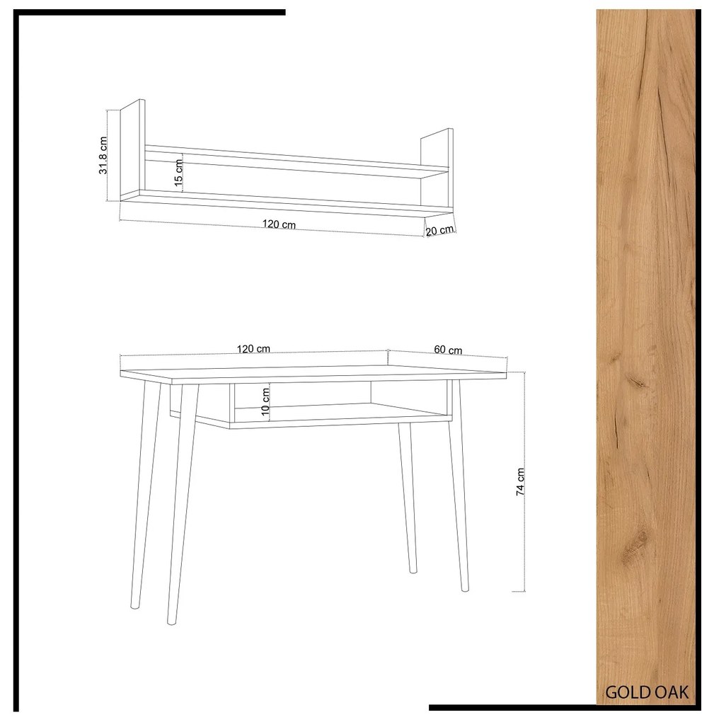 Písací stôl Muty s nástennou policou zlatý dub