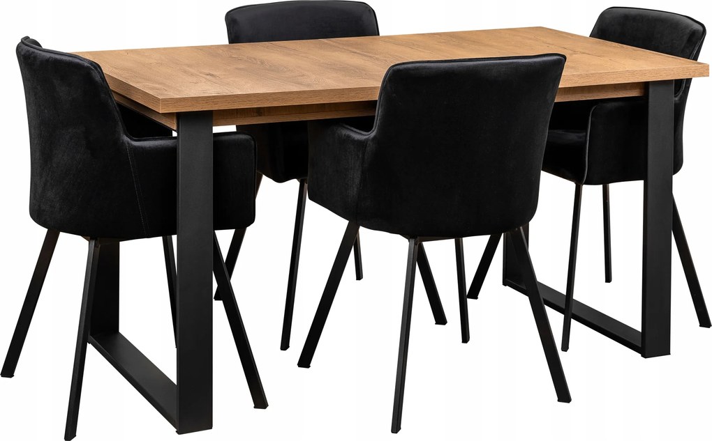 Štýlová Sada Loft Rozkladací Stôl 4 Stoličky 150x80 Čierny/dub Lefkas