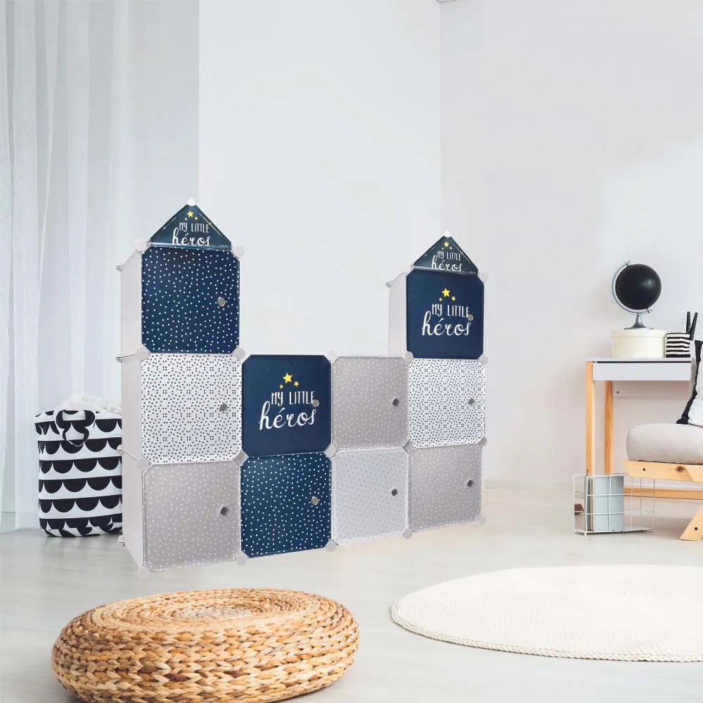 HOME DECO KIDS Detská úložná skriňa s poličkami a 3 zásuvkami, modro-sivá veža domček