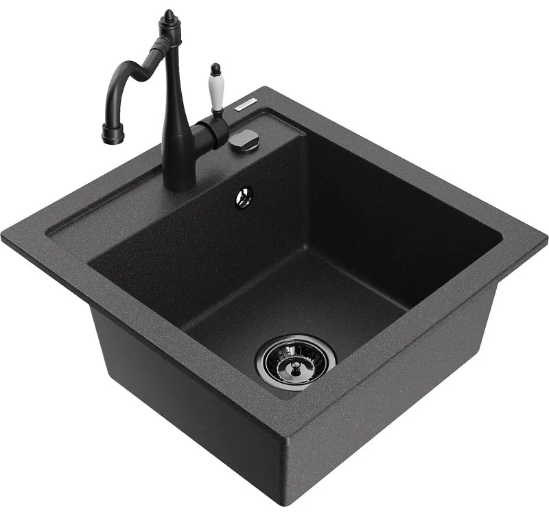 Mexen Vito, granitový drez 490x520x210 mm, 1-komorový a drezová batéria Carla, čierna škvrnitá, 6503-76-670700-70-B