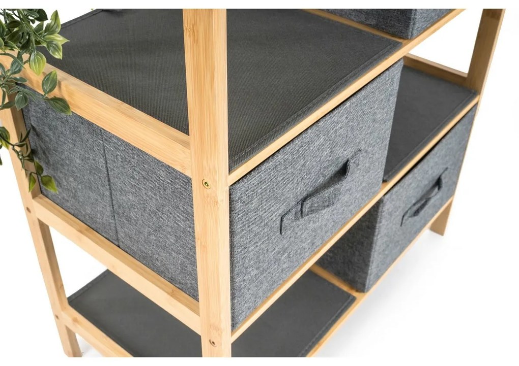 G21 Bambusový regál s košíkmi, 3 police, sivá, 3 poschodia