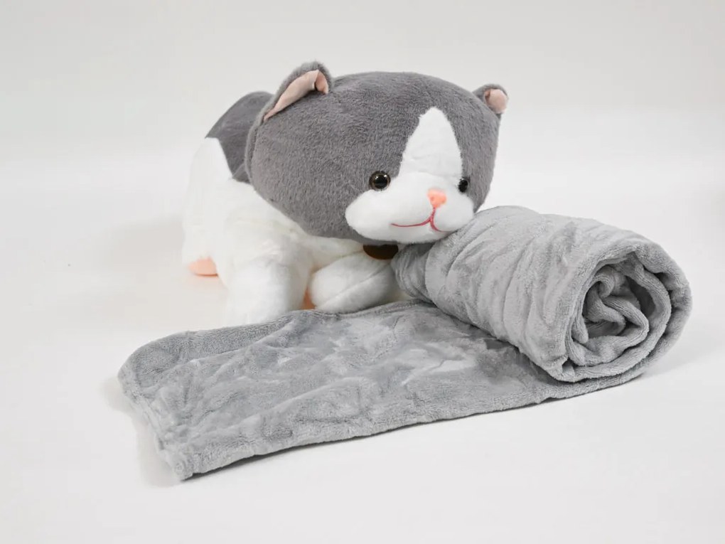 Plyšová MAČKA s detskou dekou vo vnútri, sivá