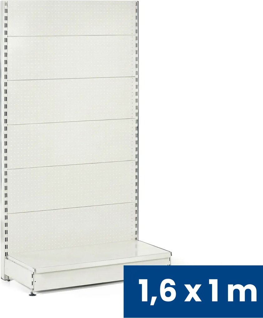 Predajný regál jednostranný, perfo steny, 1600 x 1000 x 450 mm, základná, biela
