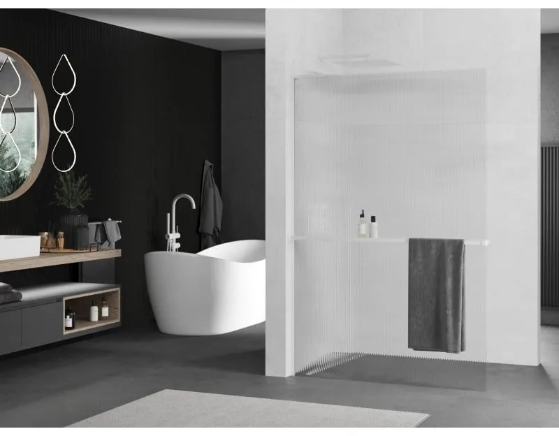 Mexen Kioto+ L, sprchová zástena Walk-In s poličkou a vešiakom 100 x 200 cm, 8mm sklo s rebrovým vzorom, biely profil, 800-100-123-20-09