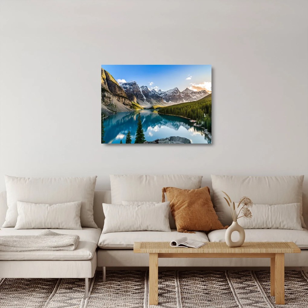 Sklenený obraz - Kanada, Národný park Banff, Moraine Lake (70x50 cm)