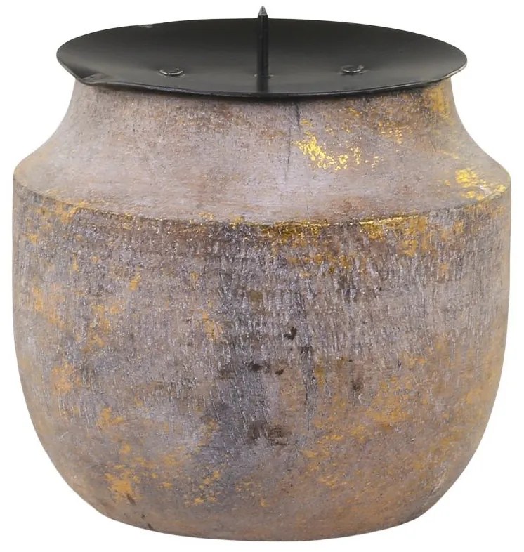 Zlato-prírodný antik drevený svietnik na stĺpovitú sviečku - Ø 9*8 cm