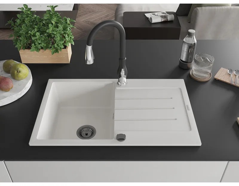 Mexen Bruno, 1-komorový granitový drez 795x495x200 mm a drezová batéria Savita, biela, 6513-20-672601-70
