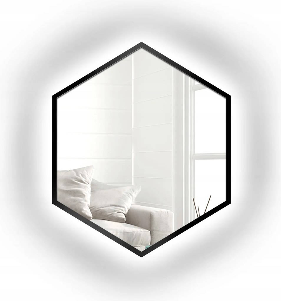 Geometrické zrkadlo Hexa v čiernom ráme z Mdf s Led podsvietením 170x196
