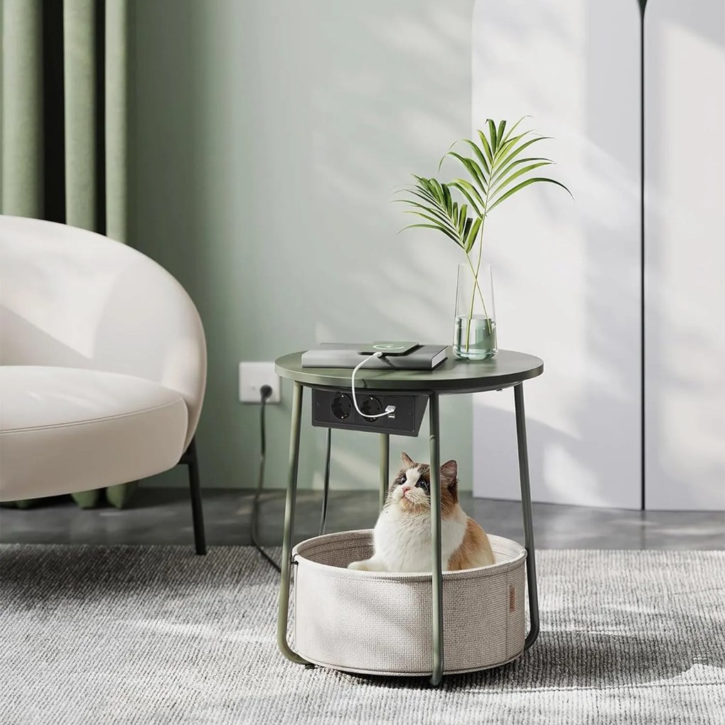 Okrúhly príručný stolík s nabíjacou stanicou, malý stolík so zásuvkou, lesná zelená a krémová biela