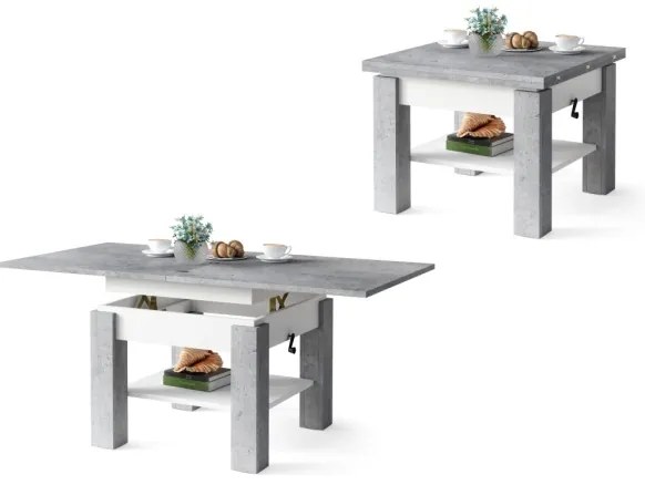 Rozkladací konferenčný/jedálenský stôl so zdvíhacou doskou CALEB sivý betón/biela