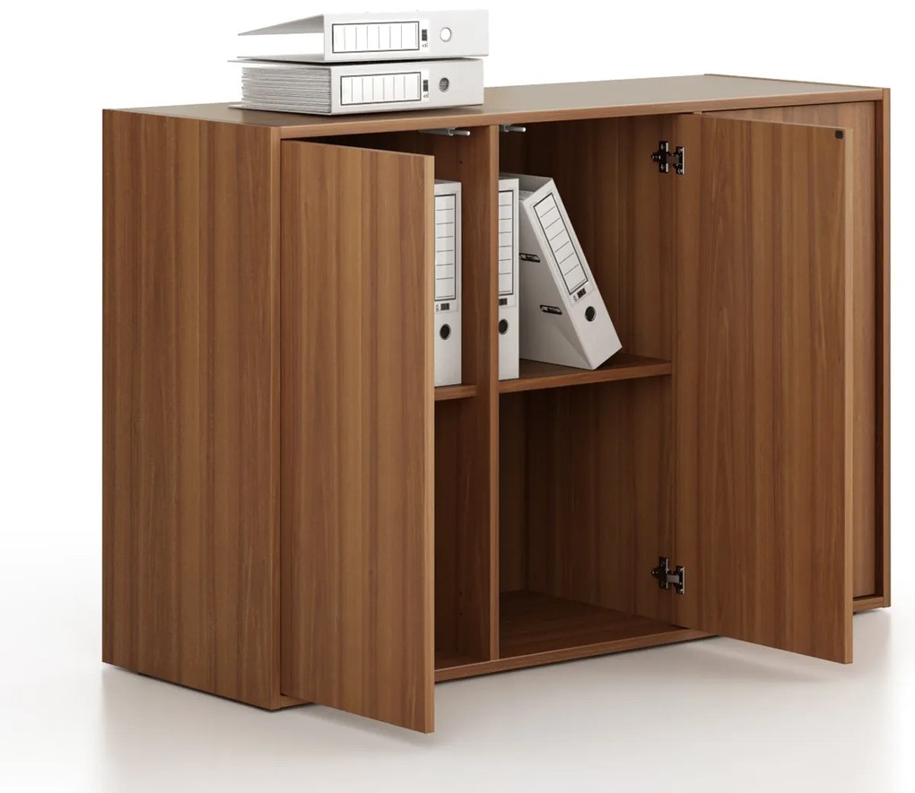 Kancelárska skriňa FRAME, nízka, 3 dvere, 1299 x 450 x 881 mm, PUSH-lock, orech