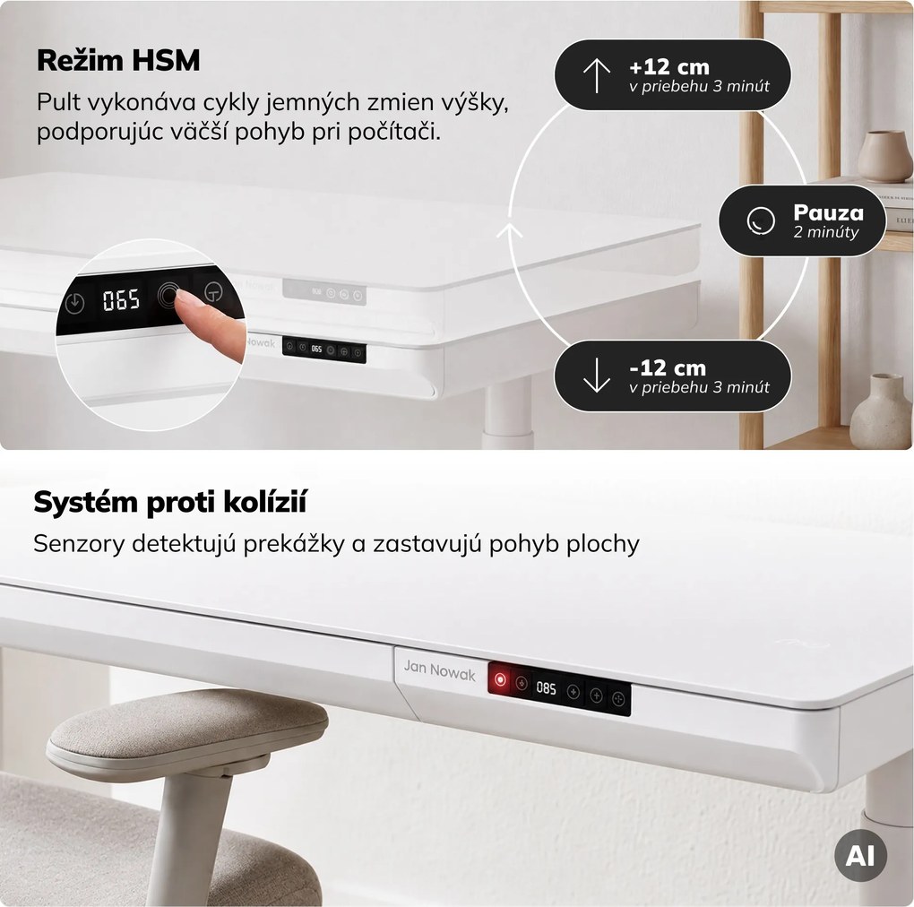 Elektrický písací stôl sit-stand so zásuvkou a bezdrôtovou nabíjačkou Qi biely, 1200 mm: ELLIS