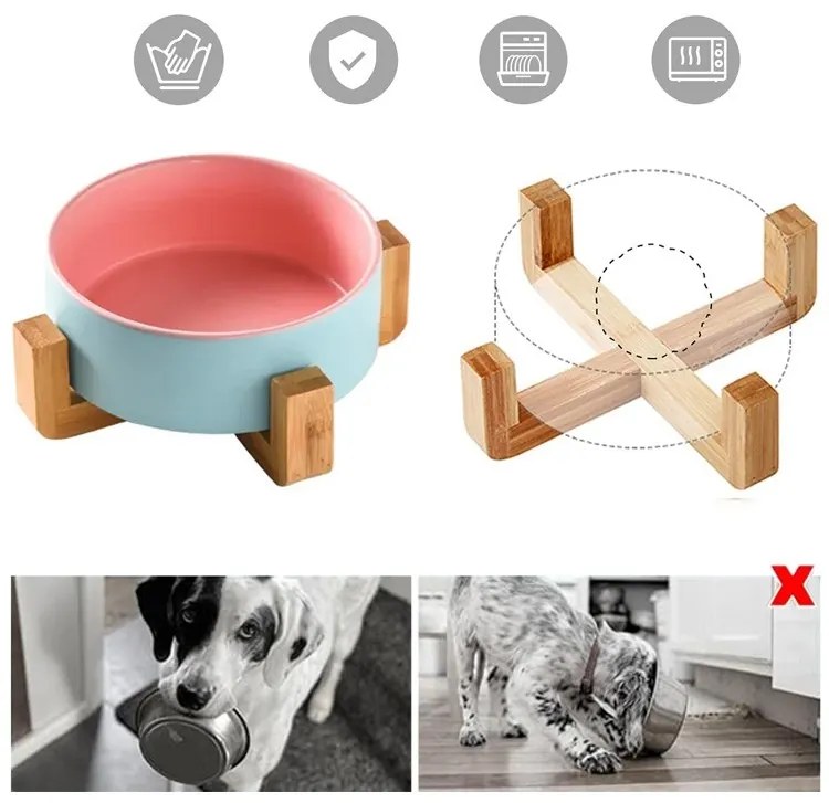 Keramická miska na bambusovém stojanu pro psy a kočky JIMMO modrá/růžová