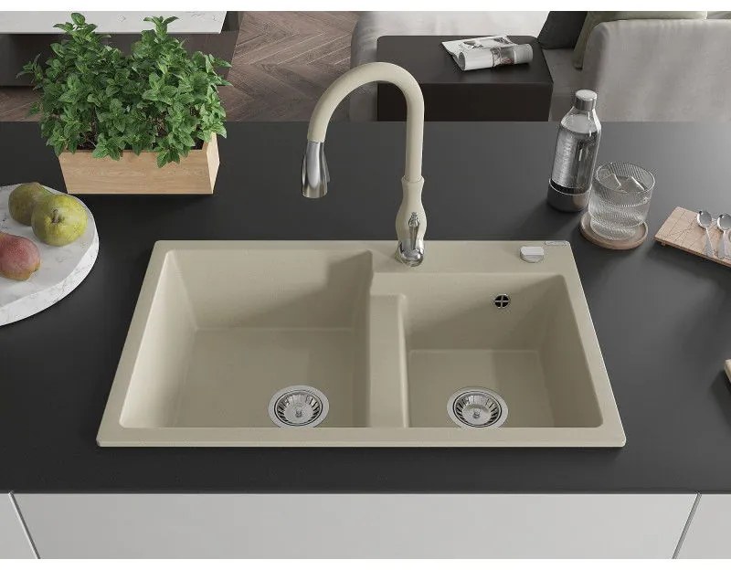 Mexen Tomas, granitový drez 800x500x190 mm, 2-komorový a drezová batéria Savita, béžová, 6516-69-672601-69
