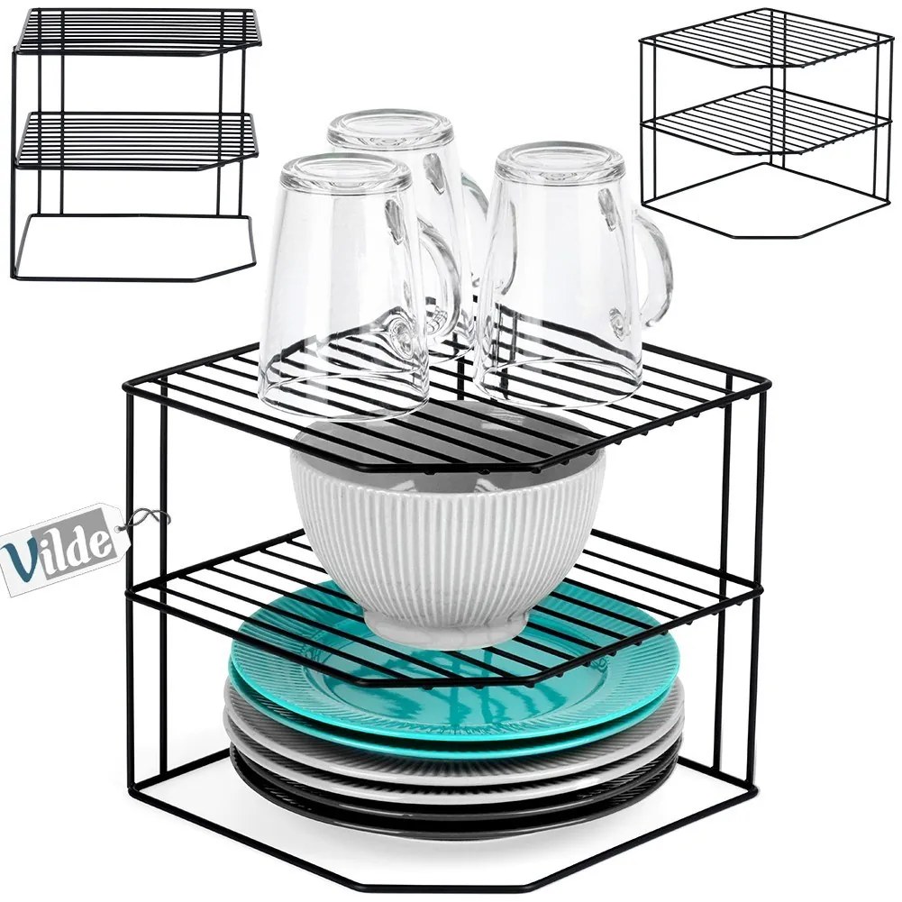 VILDE Prídavná polica, 3-poschodová, rohová, čierny kov 22 x 22 x 21 cm