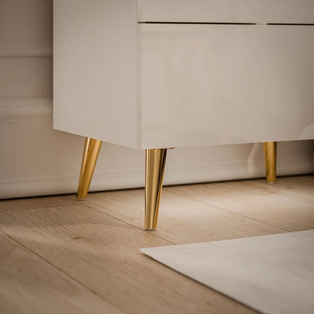 NOČNÝ STOLÍK NESSIE 2 BIELY LESK + ZLATÝ NA NOŽIČKÁCH 13 cm LED