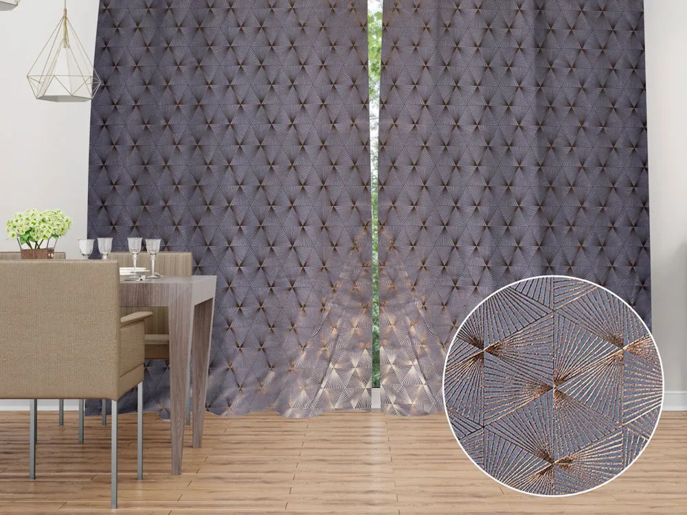 Biante Zamatový záves Isabela IBL-003 Rose Gold trojuholníky na sivom - šírka 135 cm 135x220 cm