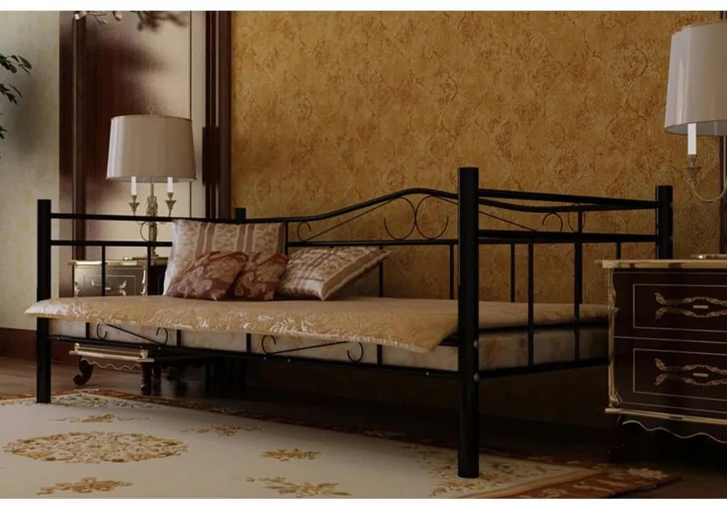 Denná posteľ s matracom, čierna, kov 90x200 cm