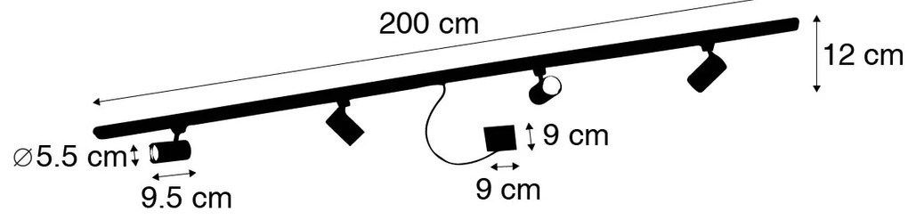 1-fázový koľajnicový systém čierny so 4 reflektormi a I-zdrojom napájania štvorcový - Jeana