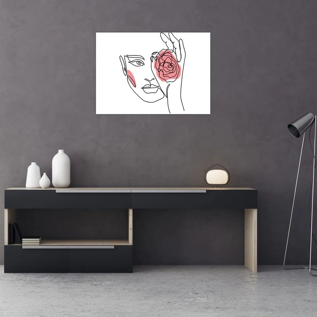 Obraz - Line art tvár s ružou (70x50 cm)