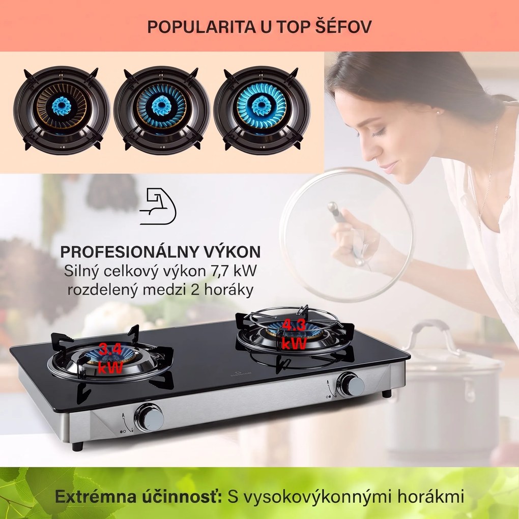 Klarstein Barzona 2, kempingový varič, 2 horáky, 3,4 kW a 4,3 kW, sklenená doska, kryt z nehrdzavejúcej ocele
