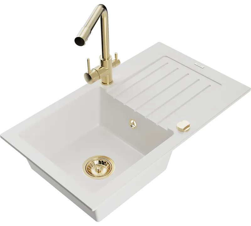 Mexen Pablo, granitový drez 752x436x161 mm, 1-komorový a zlatá batéria Duero, biela, 6510-20-671600-50