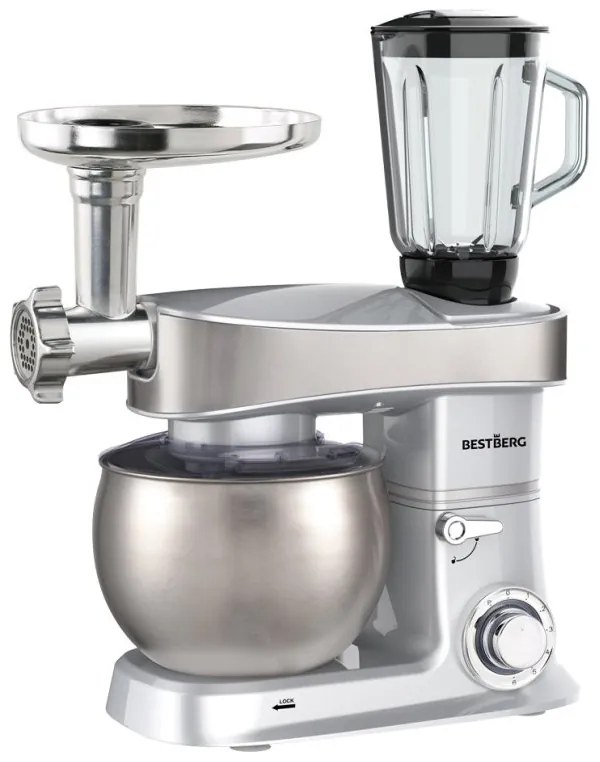 MEGAKOMBO BestBerg BBR-2000S multifunkčný kuchynský robot s nástavcami na cestoviny + 15-dielna sada hrncov a panvíc s nepriľnavým povrchom z nehrdzavejúcej ocele BestBerg BBSC-15 / strieborná