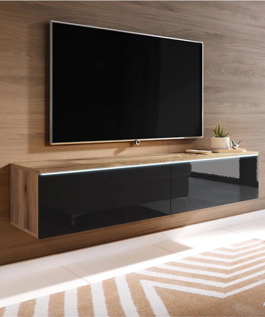 TV skrinka LED 140 cm závesná alebo stojaca dub wotan/čierny lesk Lowboard D