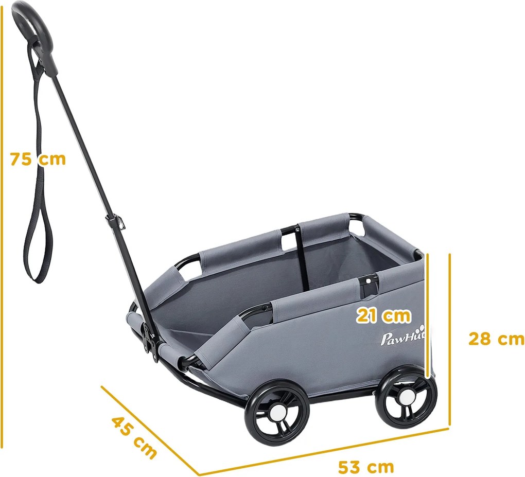 PawHut Kočík pre psov, 4-kolesový skladací kočík s nastaviteľnou rukoväťou, úložný vak, prateľný vankúš, pre malých psov do 4 kg, Sivý | Aosom