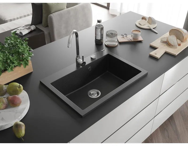 Mexen Elix, 1-korový granitový drez 700 x 500 mm, čierna/strieborná metalíza, chrómový sifón, 6526701005-73