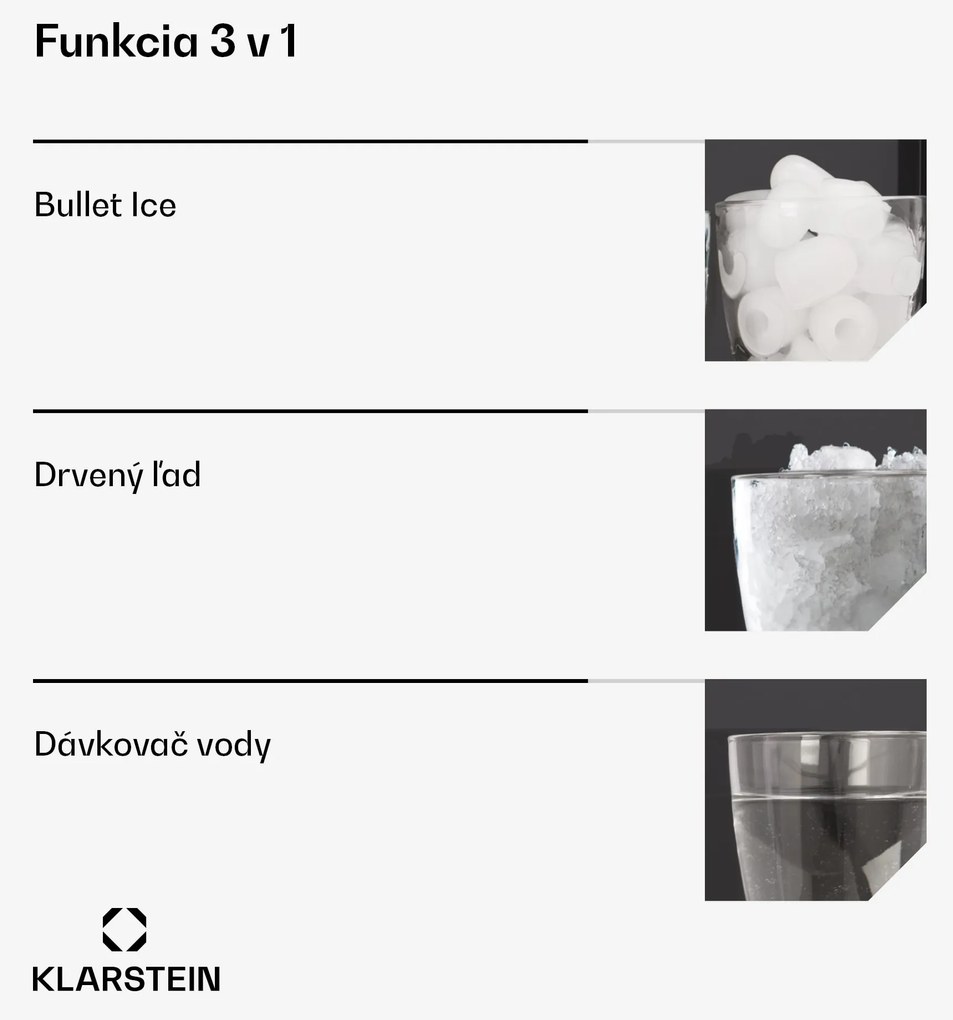 Klarstein ArcticBlend 3v1 výrobník ľadu, 20 kg/24h, Bullet Ice, Drvený ľad, Dávkovač vody