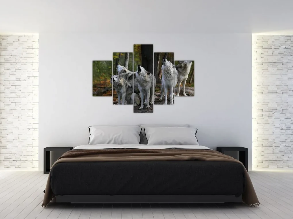 Obraz - Vlci na skale (150x105 cm)