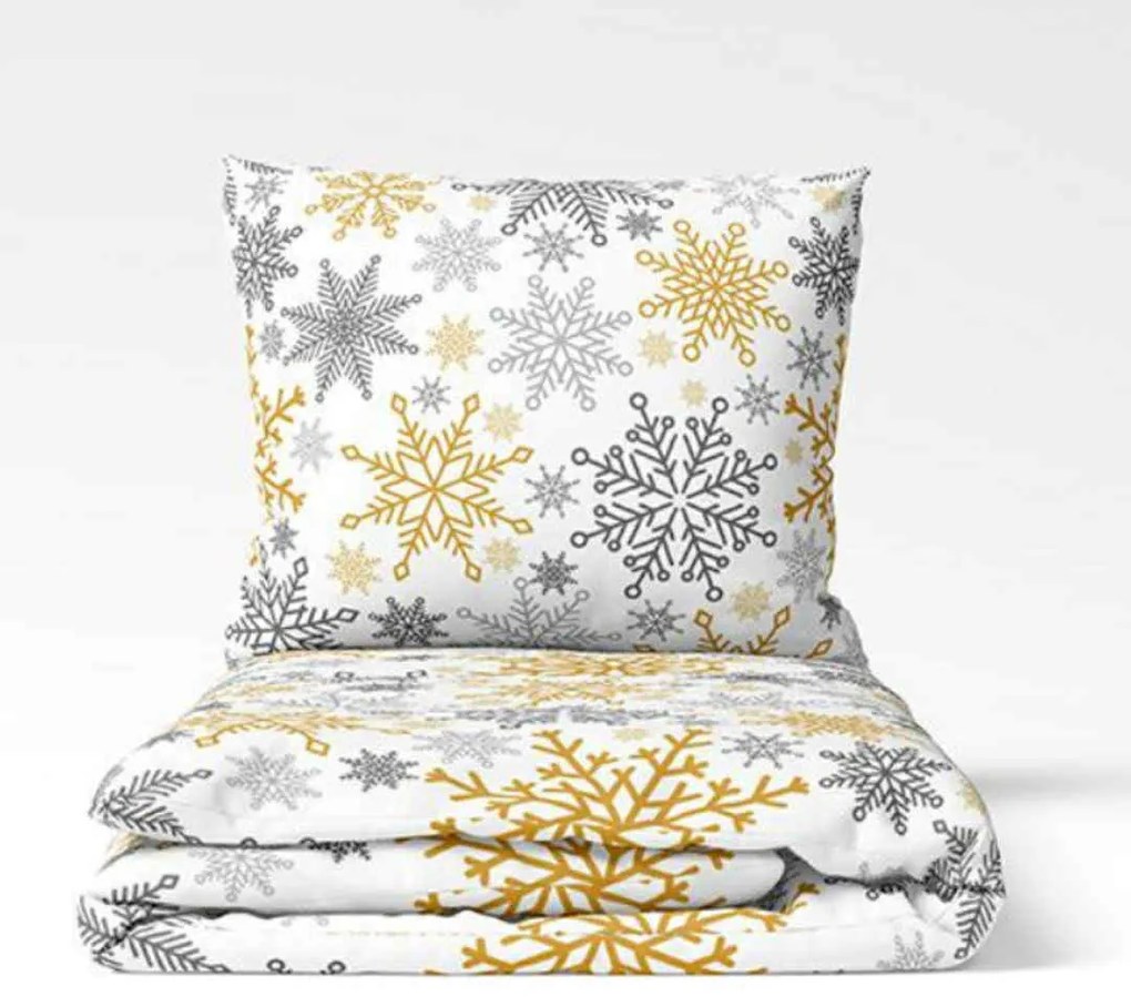Vianočné obliečky bavlnené Vločka zlatá TiaHome - 1x Vankúš 90x70cm, 1x Paplón 140x200cm