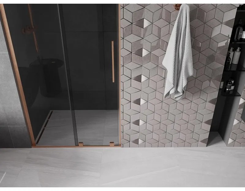 Mexen Velar L, posuvné sprchové dvere do otvoru 110 cm, 8mm šedé sklo, medená matná, 871-110-003-41-65
