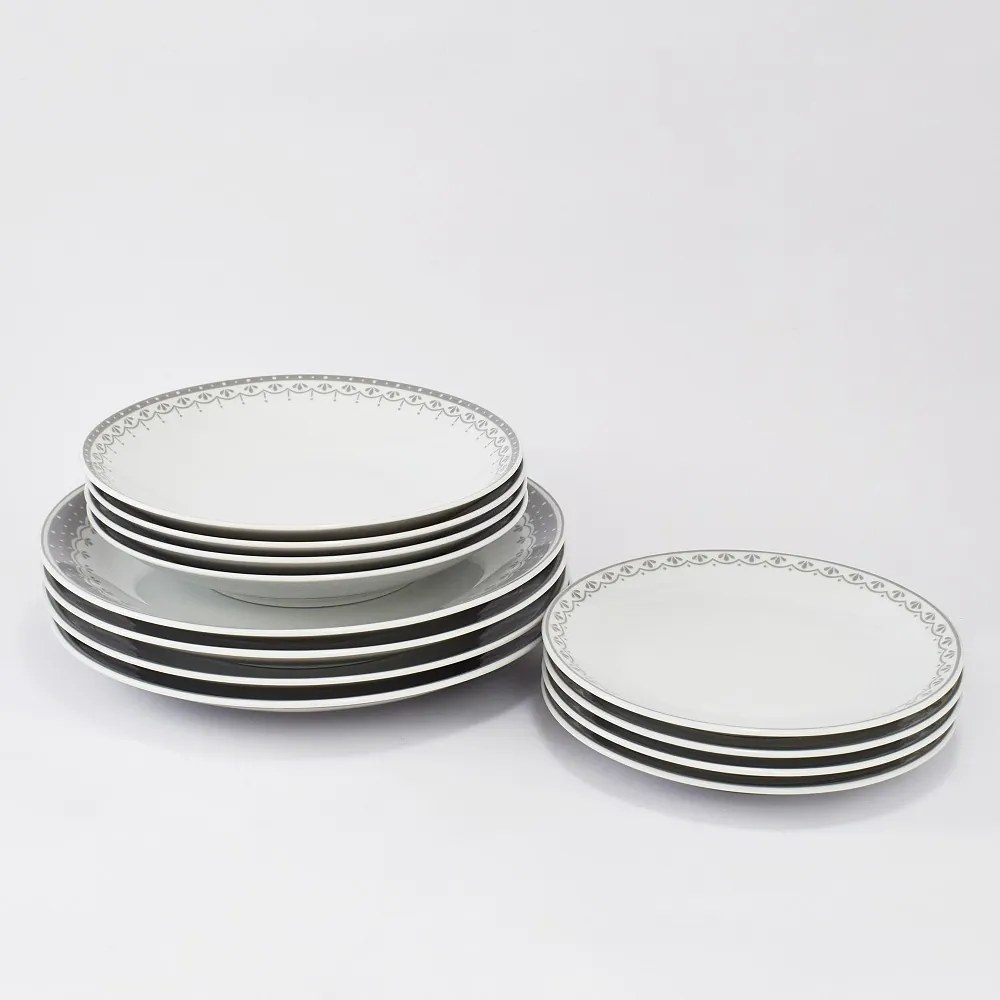 Talířová souprava, český porcelán, HyggeLine, šedá, Leander, 12 d.