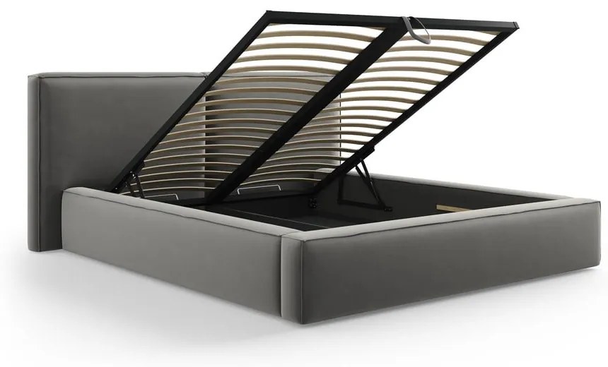 Sivá zamatová čalúnená dvojlôžková posteľ s úložným priestorom s roštom 180x200 cm Arendal – Cosmopolitan Design
