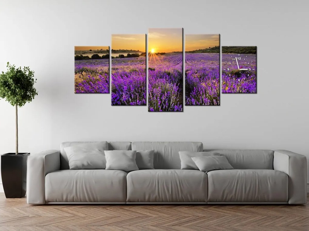 Gario Obraz s hodinami Levanduľové pole - 5 dielny Rozmery: 150 x 70 cm