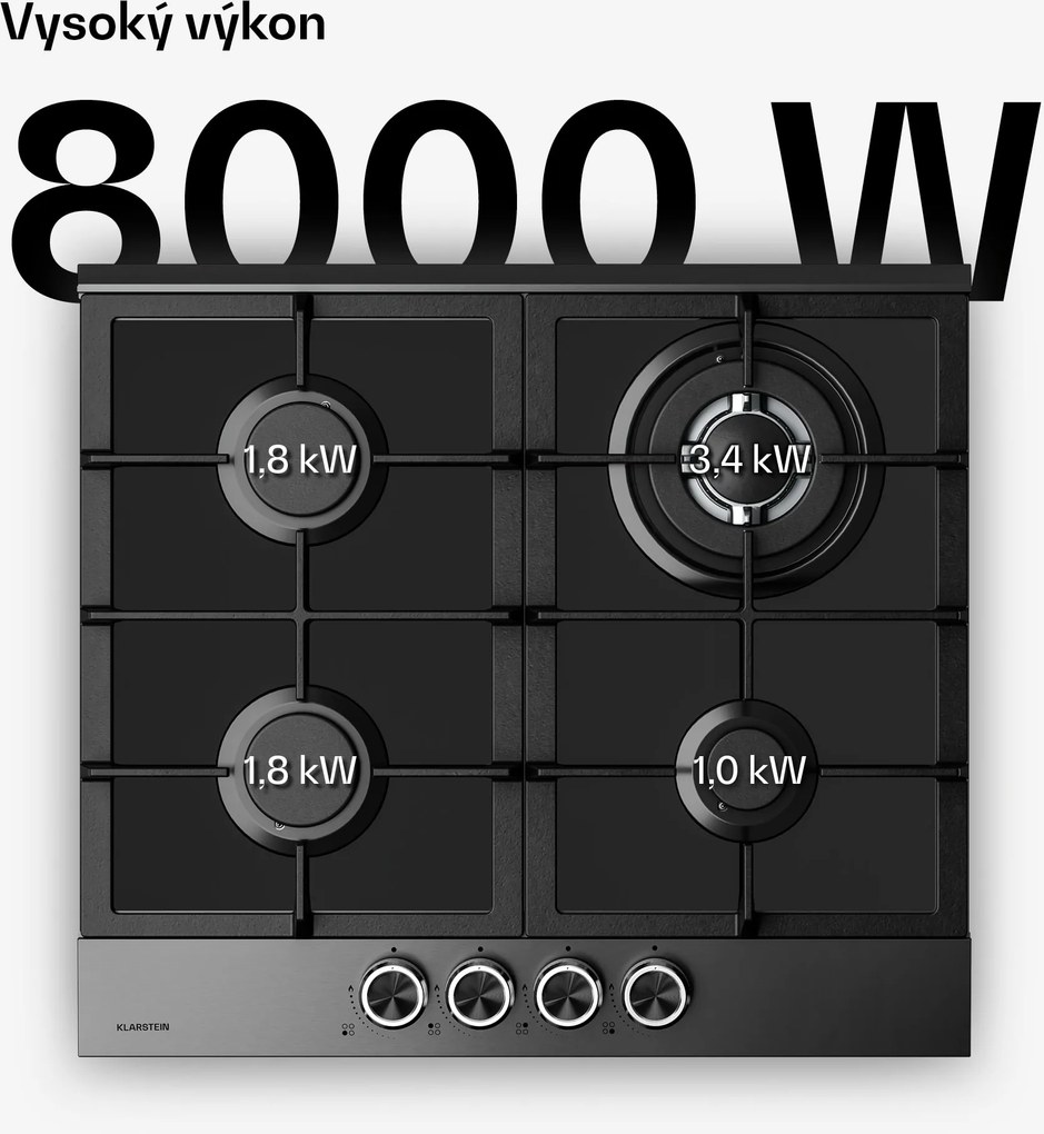 Klarstein Verosteel plynová varná doska, 4 horáky, elektrické zapalovanie, kompatibilná s zemným plynom a LPG, 8000 W, 60cm