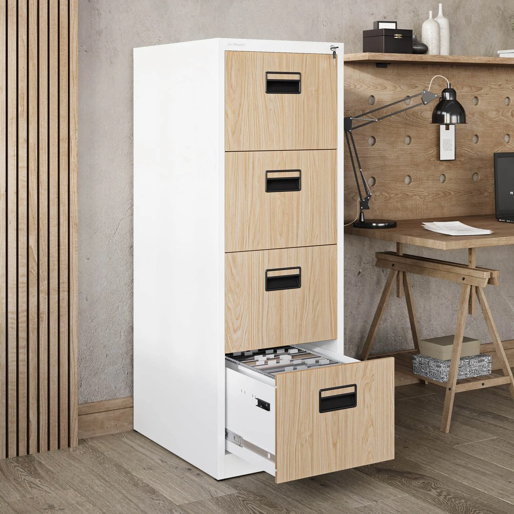 Kovová kartotéka, 4 zásuvky SARA V4, 460 x 1320 x 620 mm, Eco Design: biela/ dub sonoma