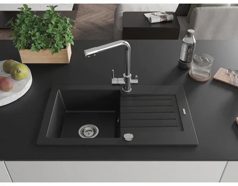 Mexen Pablo, granitový drez 752x436x161 mm, 1-komorový a chrómová batéria Duero, čierna, 6510-77-671600-00
