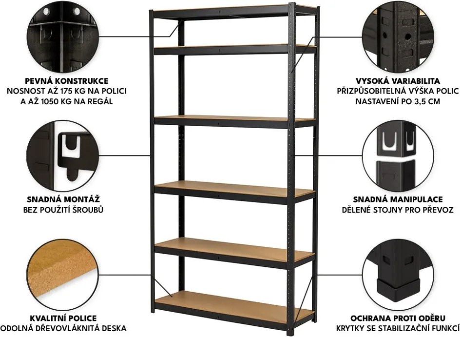 Akcia 5x Regál 220x90x50 cm lakovaný 6-policový, nosnosť 1050 kg - čierny